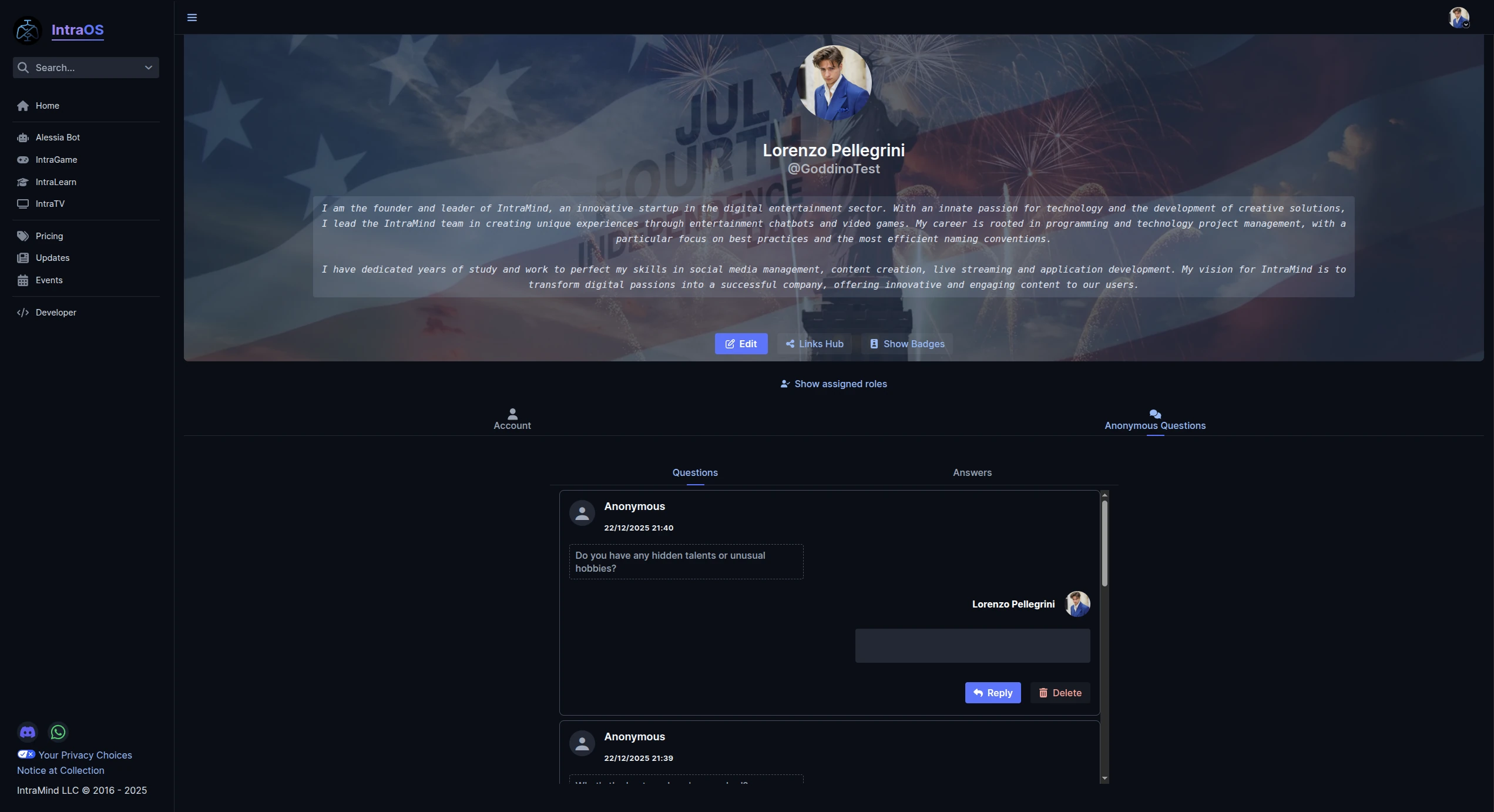 IntraOS user profile interface for Lorenzo Pellegrini displaying a detailed bio, patriotic background, and an "Anonymous Questions" section with a query about hidden hobbies