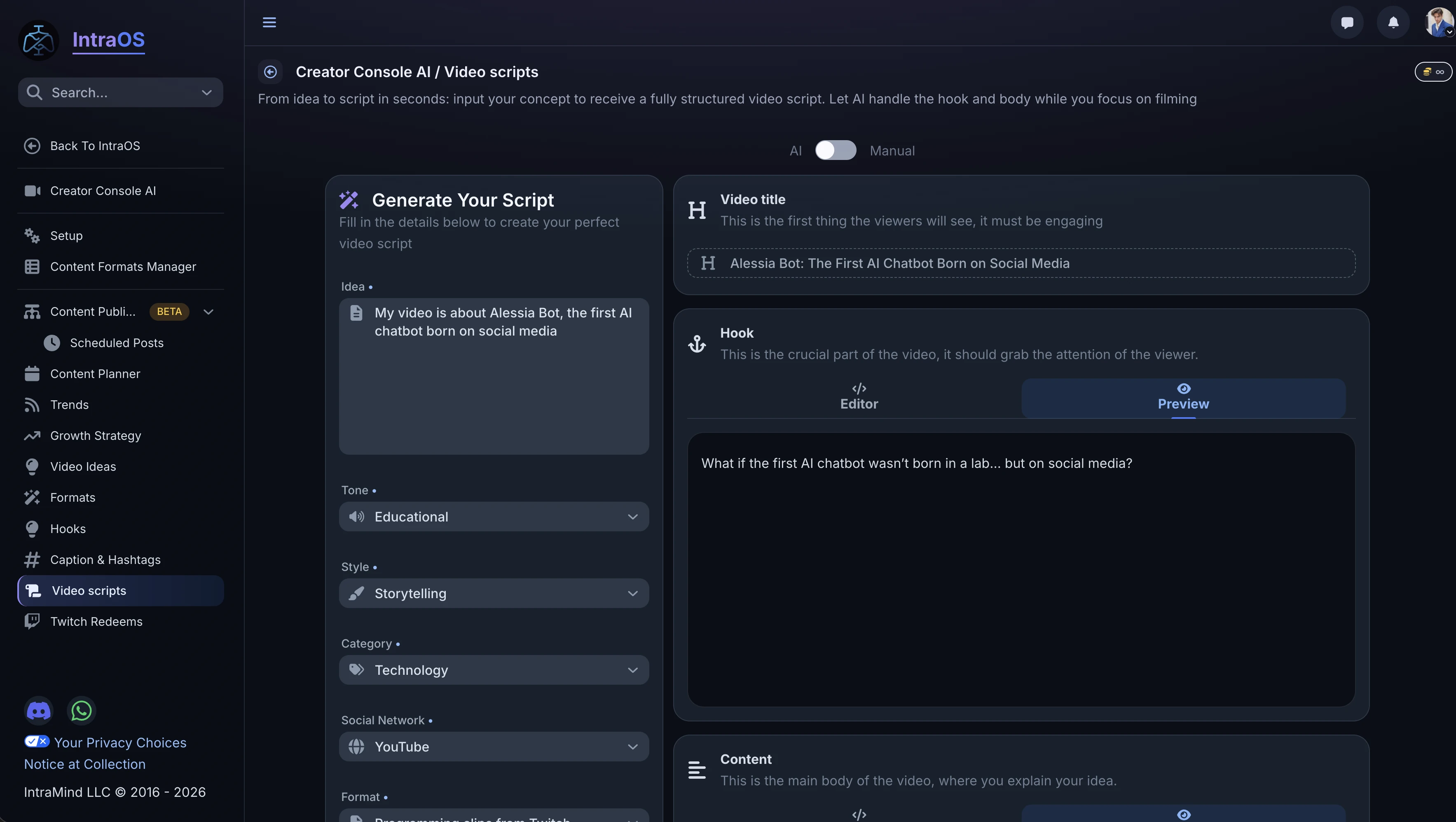 Creator Console AI Video Scripts editor interface displaying complete video script output with hook, body, CTA, and caption