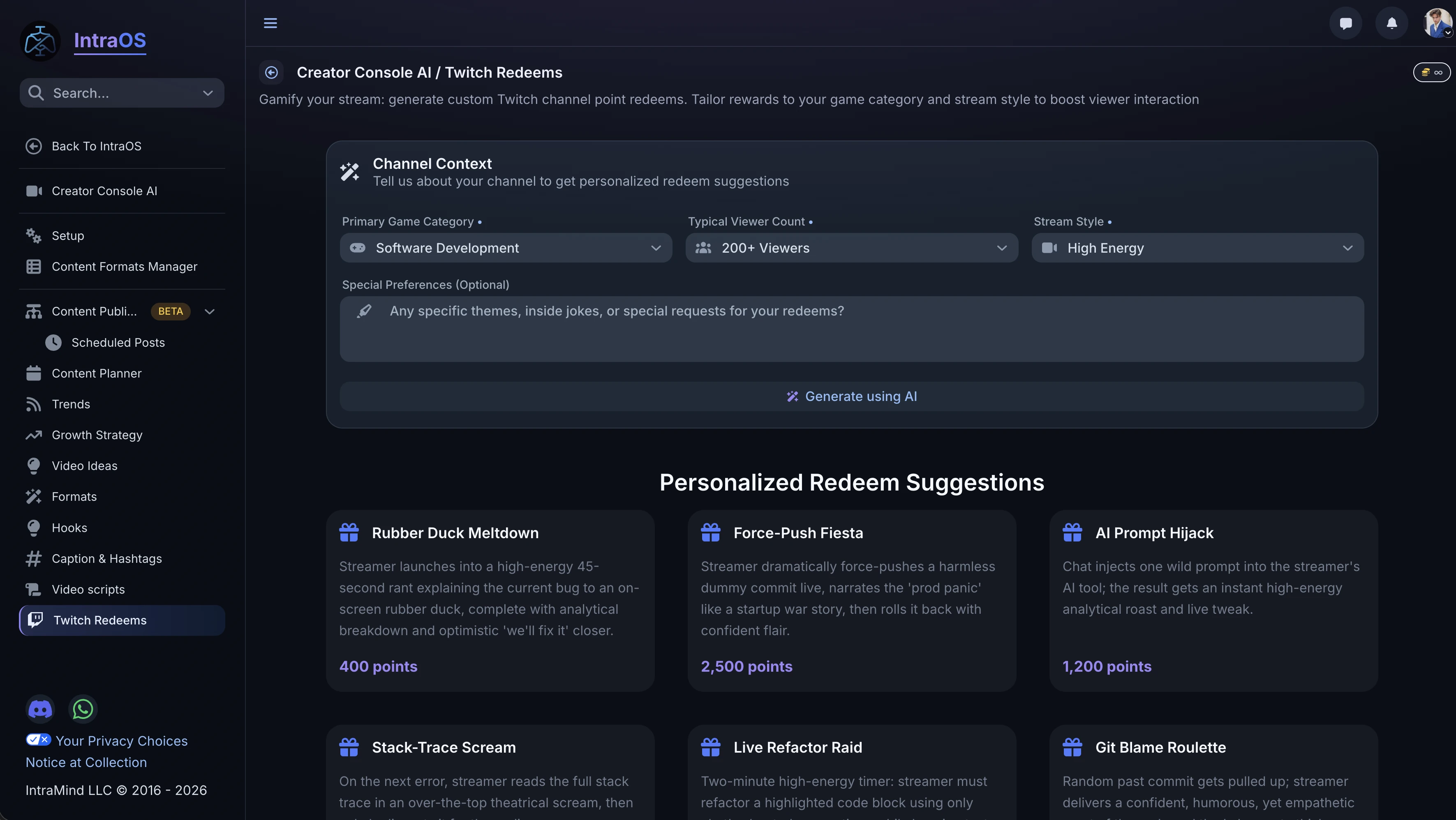 Creator Console AI Twitch Redeems generator showing custom channel point reward ideas filtered by streamer persona