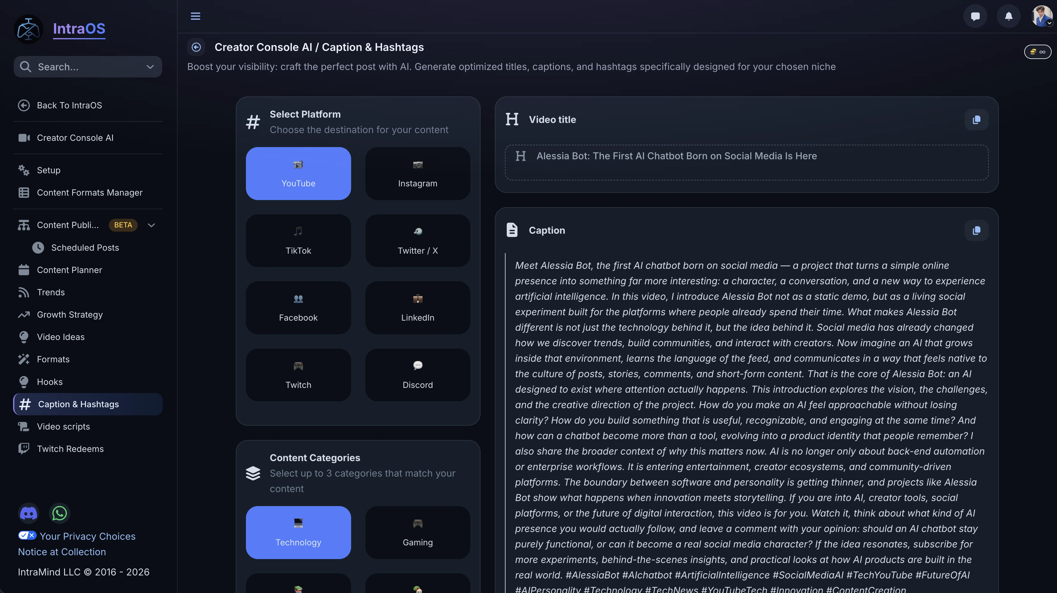 Creator Console AI Caption & Hashtags tool showing brand-aligned caption generation and targeted hashtag recommendations