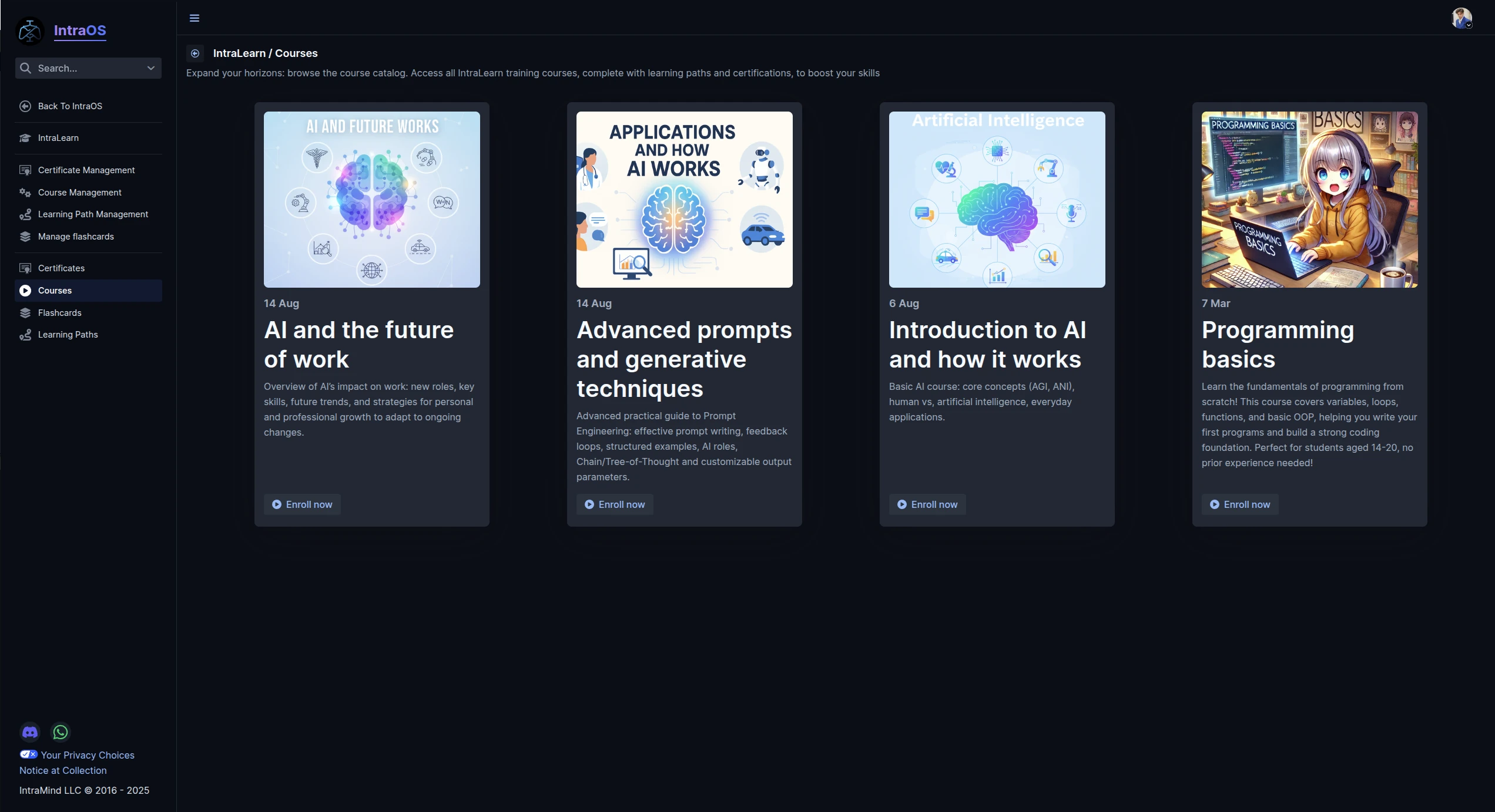 IntraOS IntraLearn course catalog dashboard featuring a grid of AI and programming training courses such as "AI and the future of work" and "Programming basics" complete with course descriptions and enrollment buttons