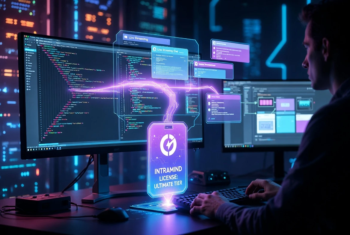 Futuristic developer workstation featuring a glowing 3D holographic display of the IntraMind License Ultimate Tier connected to coding screens