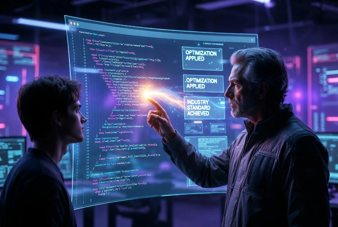 Futuristic 3D illustration of a senior developer mentoring a junior coder using a holographic display that shows "Optimization Applied" and "Industry Standard Achieved" status messages