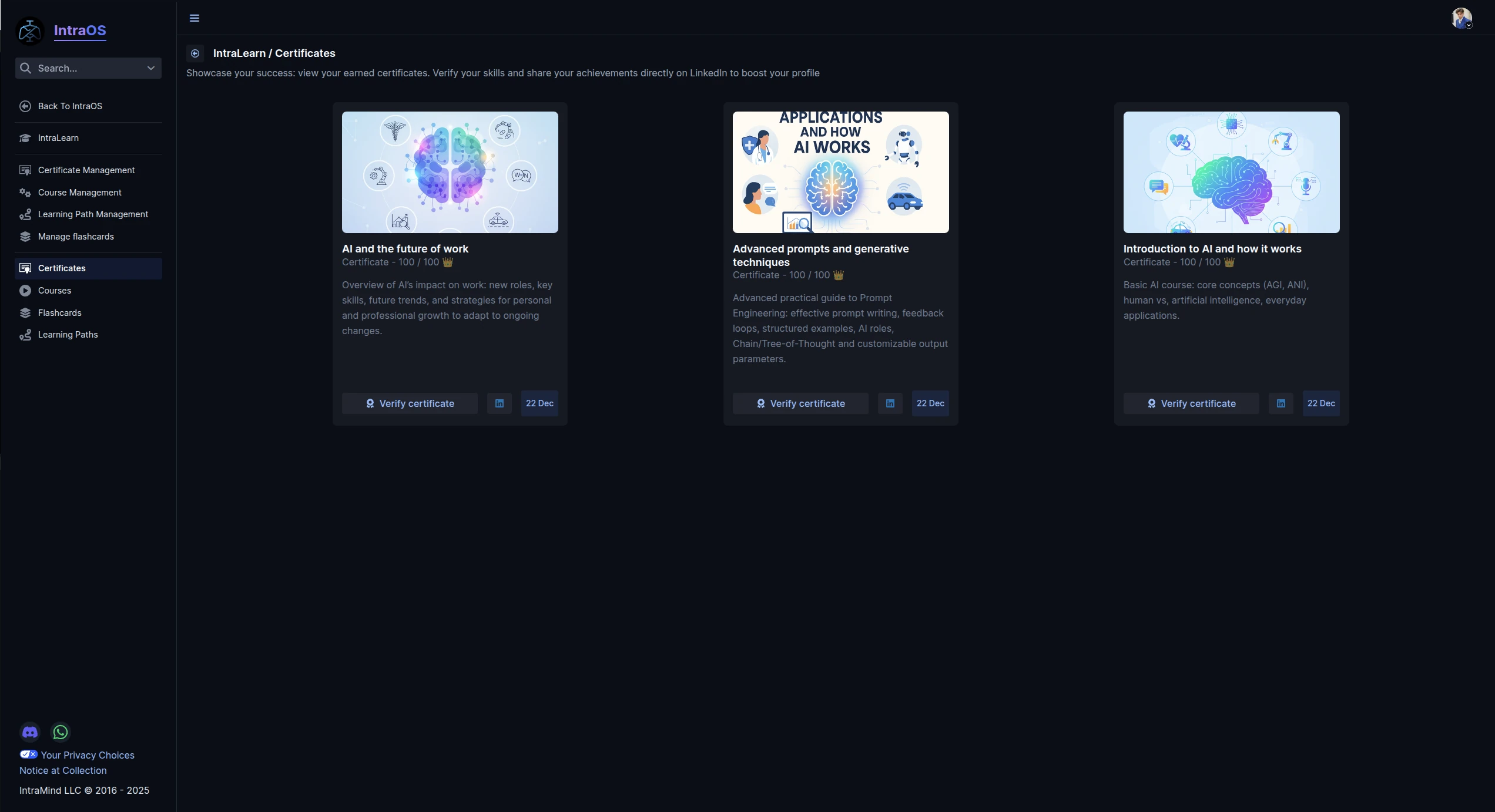 IntraOS IntraLearn Certificates dashboard displaying earned course certifications for "AI and the future of work", "Advanced prompts" and "Introduction to AI" with options to verify completion