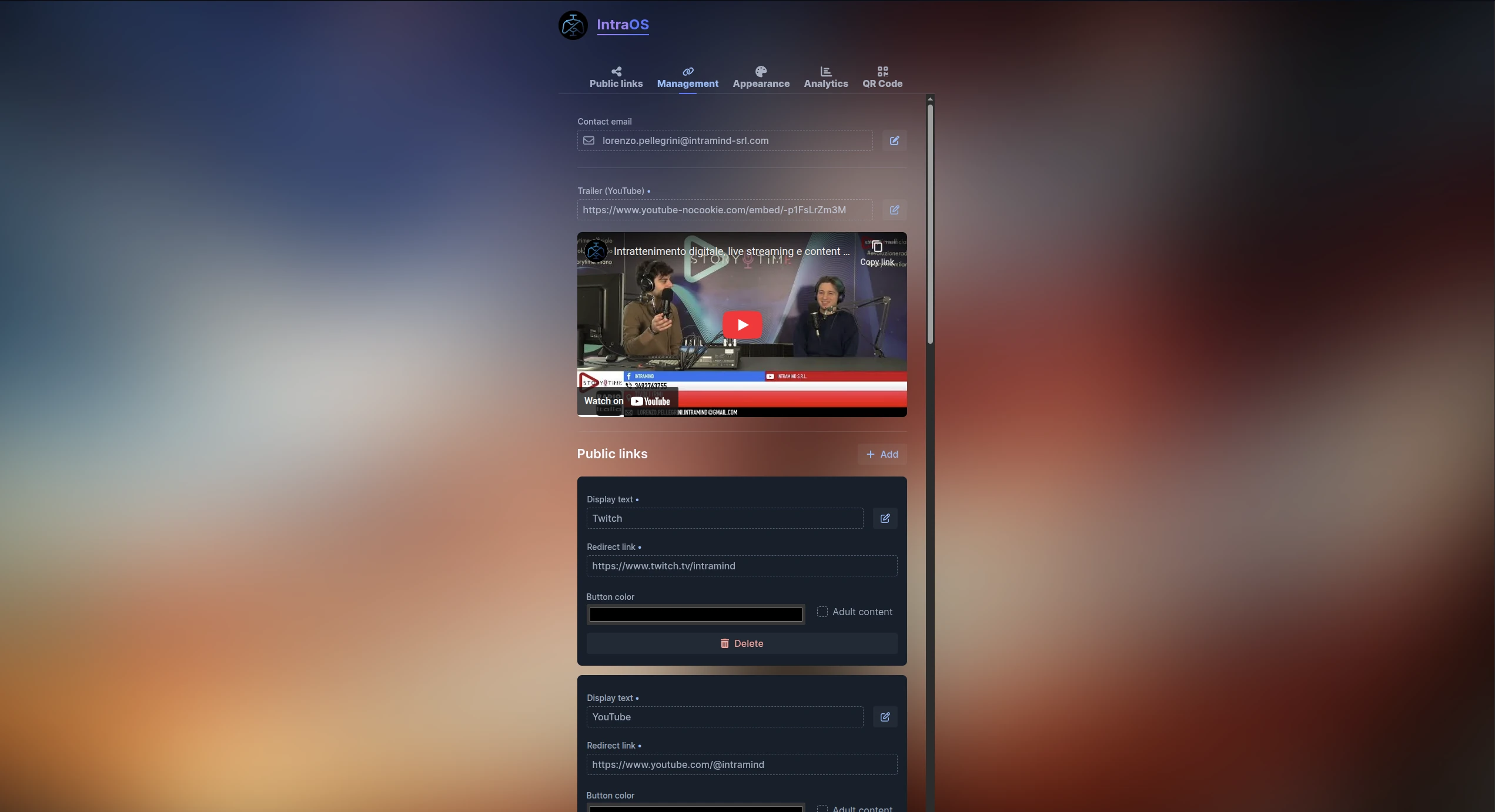 Interfaccia di gestione dei Link Pubblici IntraOS che mostra i campi per modificare l'email di contatto, incorporare un trailer YouTube e configurare i link di reindirizzamento per Twitch e YouTube