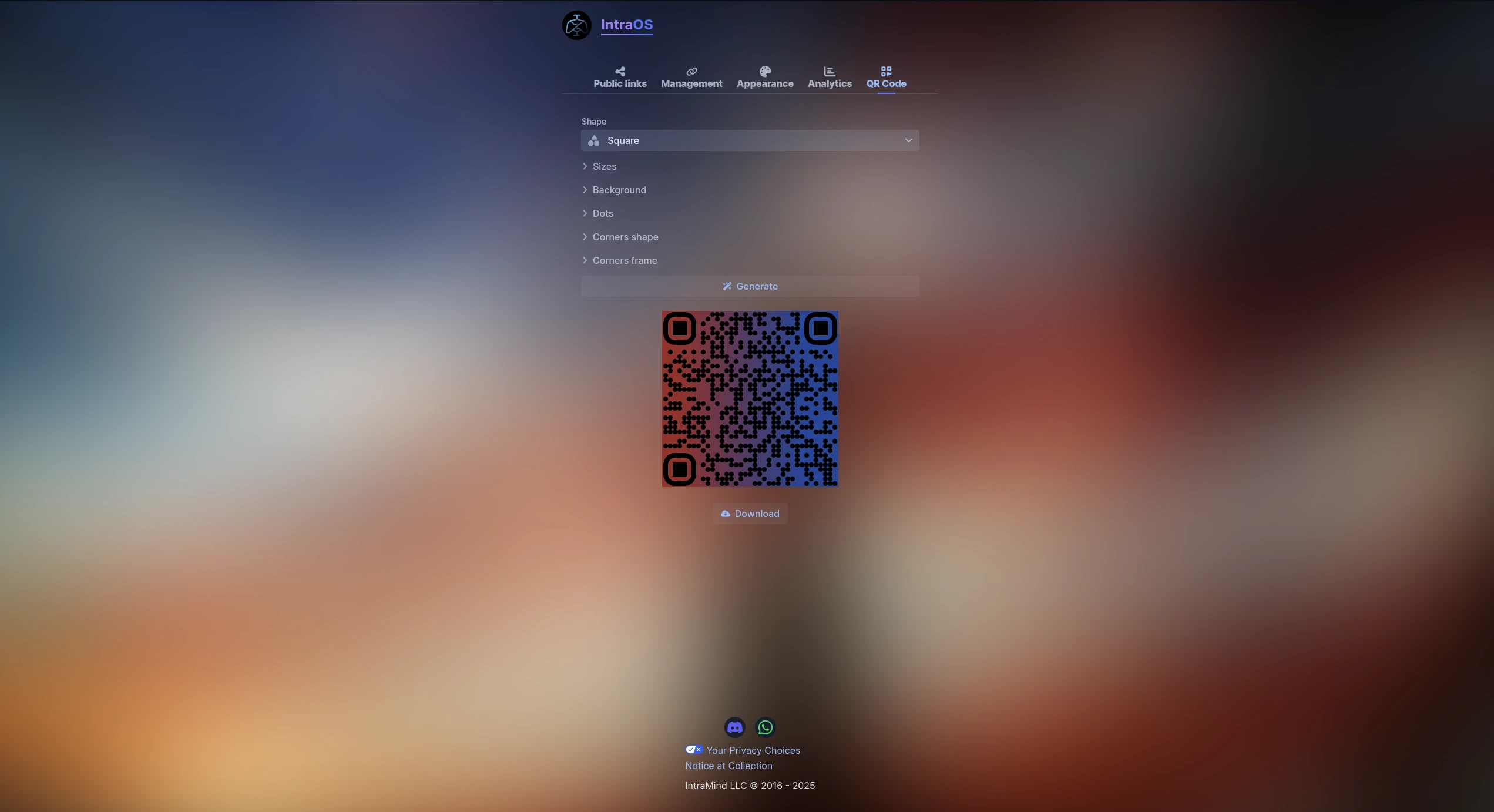 Interfaccia del generatore di Codici QR del profilo pubblico IntraOS che mostra le impostazioni di personalizzazione per forma e stile, insieme a un codice QR generato scaricabile
