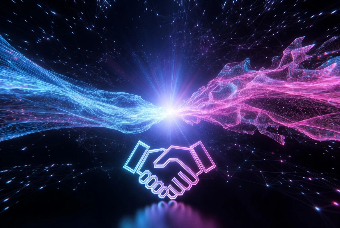 Abstract digital art featuring a glowing neon handshake symbol beneath colliding blue and pink energy streams, symbolizing technology partnership and synergy