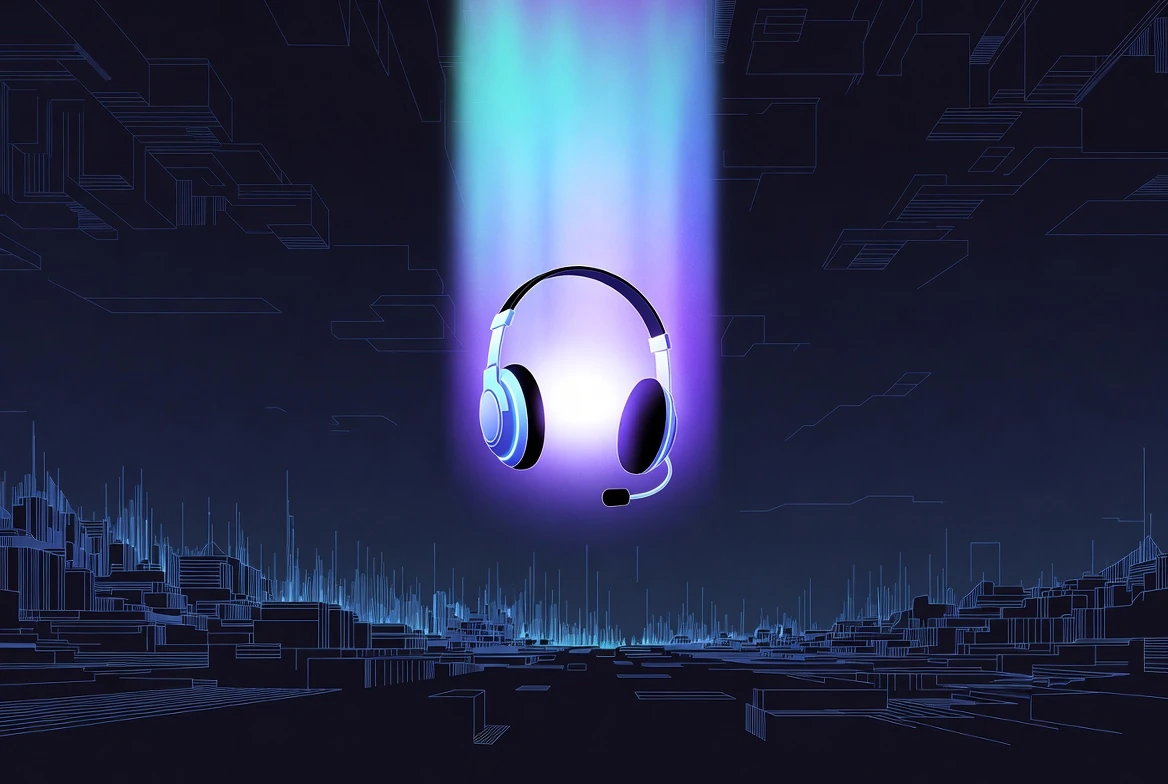 Futuristic 3D illustration of a gaming headset with a microphone floating in a neon light beam above a dark digital wireframe landscape